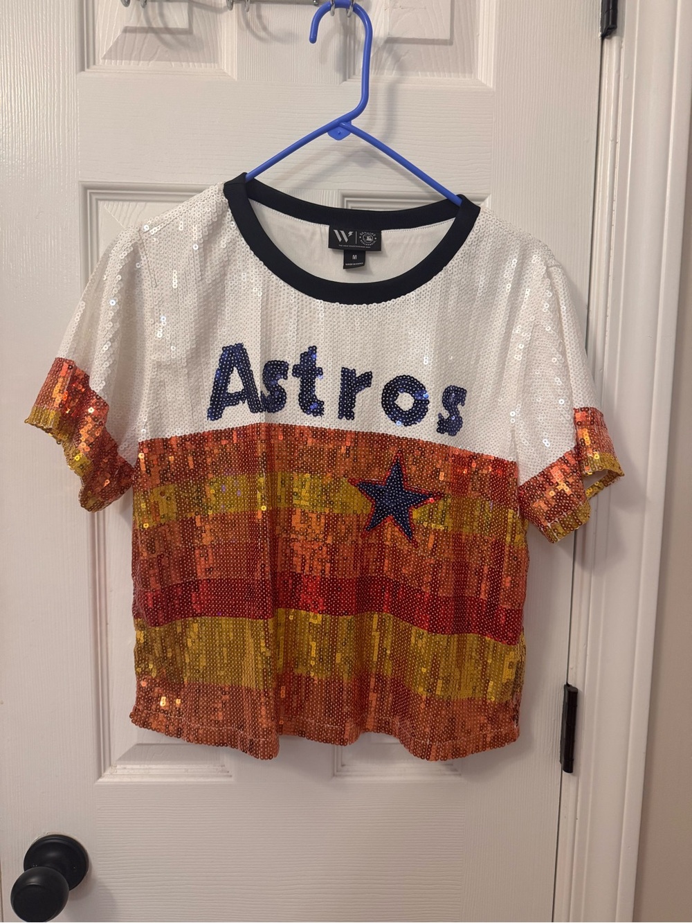 Windsor Women’s 'Astros' Sequin Stripe Tee - White, Orange & Gold